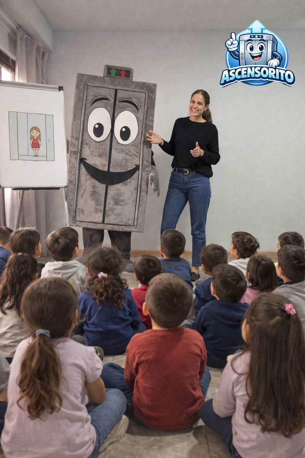 Mascota Ascensorito de Elevotec y una maestra enseñando seguridad en ascensores a un grupo de niños.